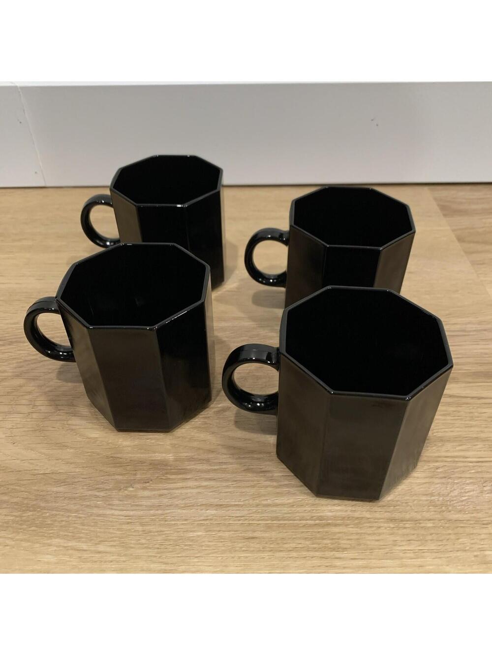 EUC Vintage Set of Four Arcoroc France Octime Black Octagon Glass Coffee Mugs